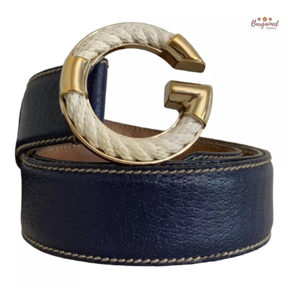 Authentic GUCCI Navy Blue Calfskin Leather Gold Braided G Logo Buckle Belt 90/36